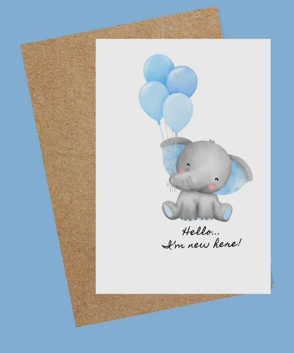 The Hello, I'm New Here! - Elephant Baby Card (Blue)
