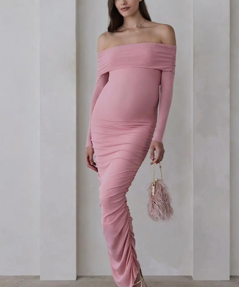 BUMPSUIT: Off the Shoulder Soft Mesh Dress (Pink)