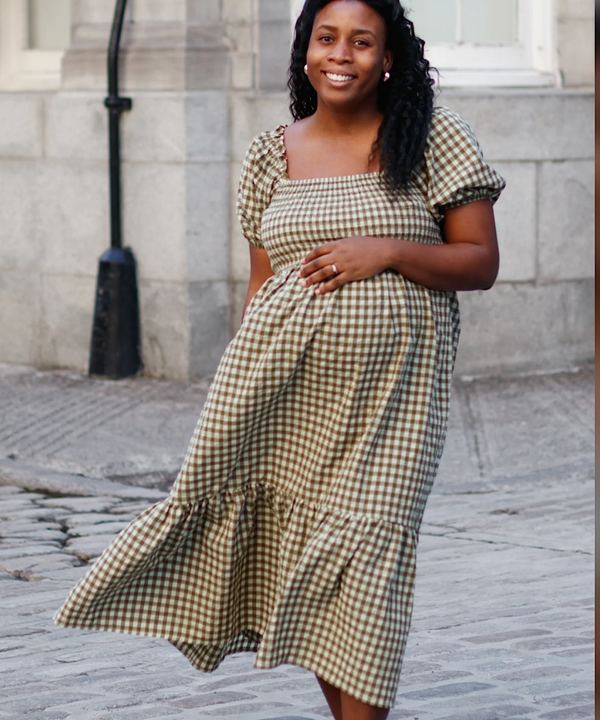 The Plus Gingham Puff Sleeve Midi Dress (Olive)
