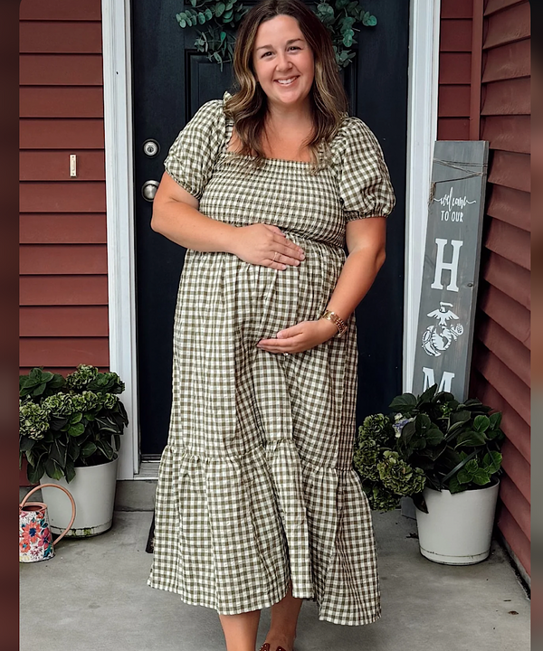 The Plus Gingham Puff Sleeve Midi Dress (Olive)