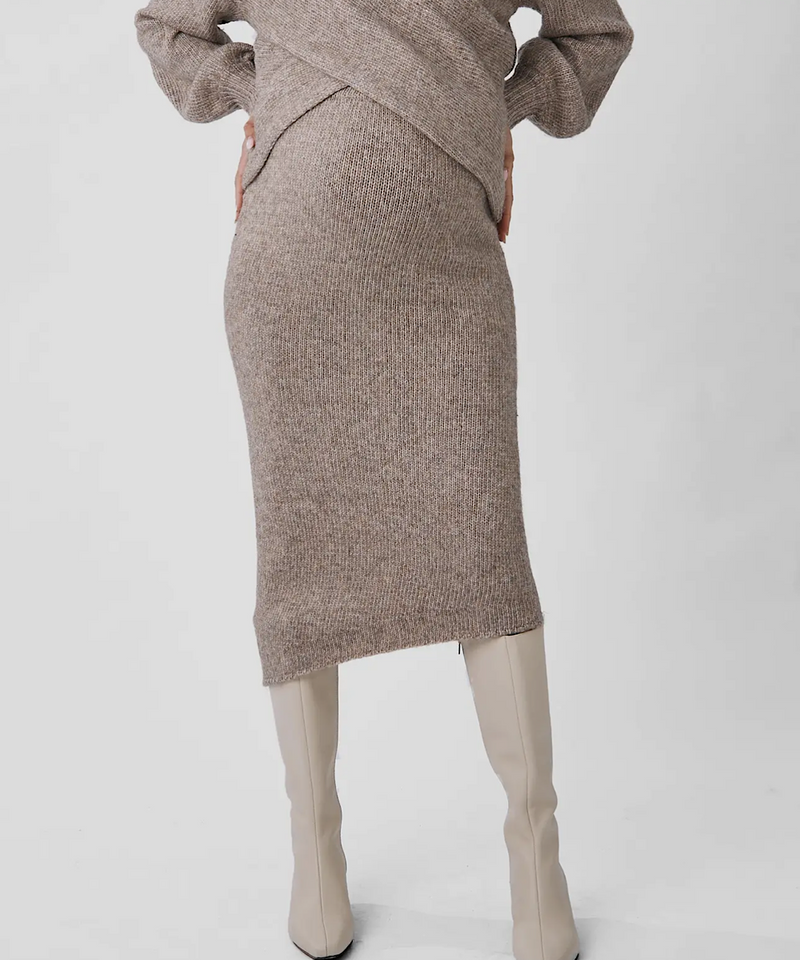 The Amélie's Enchanting Allure Asymmetrical Knit Midi Skirt -Taupe