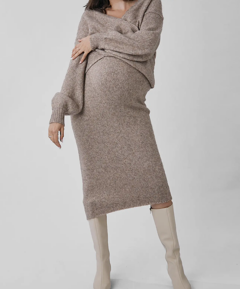 The Amélie's Enchanting Allure Asymmetrical Knit Midi Skirt -Taupe